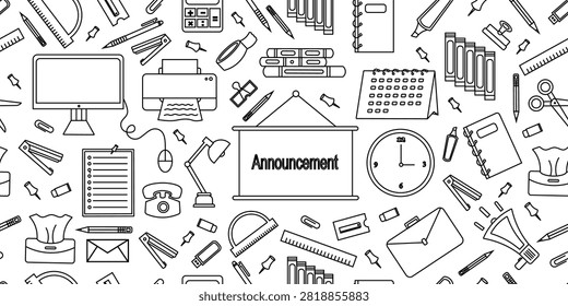 Office items doodle seamless pattern background. Workspace items doodle line pattern. Office supplies doodle seamless design. Business workspace doodle pattern background.