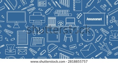 Office items doodle seamless pattern background. Workspace items doodle line pattern. Office supplies doodle seamless design. Business workspace doodle pattern background.
