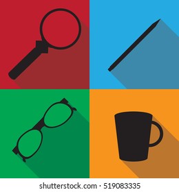 Office items flat icons set with long shadows - magnifier, 
pencil, glasses and cup of coffee