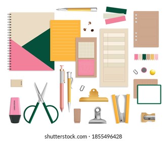 Office items mock up realistic top view icons set with rubber marker scissors pen notebook sharpener isolated on white background vector illustration