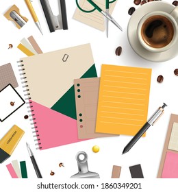 Office items seamless pattern with coffee scissors and pen realistic vector illustration