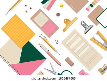 Office items seamless pattern with scissors pencil and pen realistic vector illustration