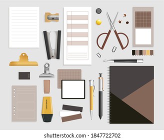 Office Items Set With Scissors And Pen Realistic Isolated Vector Illustration