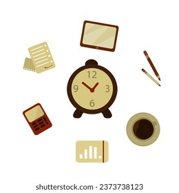 office items: tablet, pencil, watch, calculator, documents