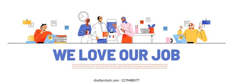 Office job banner with people employees on workplace. Vector poster of company team with flat illustration of worker characters busy, sleep and meeting near water cooler