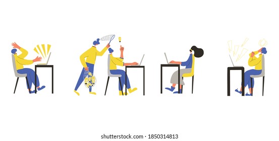 Colección de trabajos de Office. Los caracteres que trabajan en el equipo están aislados en el fondo blanco. Personas que usan laptop. Estilo de vida de los empleados. Ilustración vectorial de color plano.