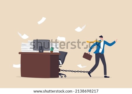 Office job work hard like a slave, overworked with busy and urgent assignment, exhausted or stressful responsibility concept, depressed businessman prisoner found himself chained with working desk.