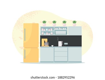 Office Kitchen 2D Vector Web Banner, Poster. Lounge For Employee Breakfast. Dining Room. Corporate Flat Space On Cartoon Background. Workplace Break Room Printable Patch, Colorful Web Element
