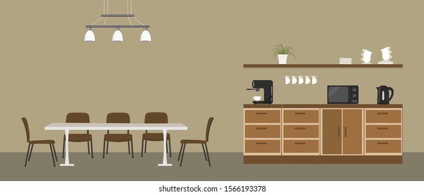 Office Kitchen. Break Room. Dining Room In The Office. There Are Kitchen Cabinets, A Table, Chairs, A Microwave, A Black Kettle And A Coffee Machine In The Picture. Vector Illustration.