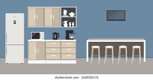 Office Kitchen. Break Room. Dining Room In The Office. There Are Kitchen Cabinets, A Fridge, A Table, Chairs, A Microwave, A Black Kettle, TV And A Coffee Machine In The Picture. Vector Illustration