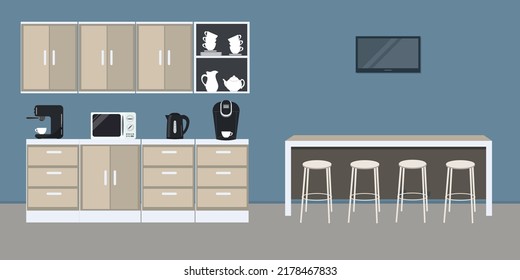 Office Kitchen. Break Room. Dining Room In The Office. There Are Kitchen Cabinets, A Table, Chairs, A Microwave, A Black Kettle, TV And A Coffee Machine In The Picture. Vector Illustration