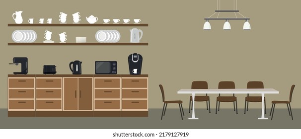 Office Kitchen. Break Room. Dining Room In The Office. There Are Kitchen Cabinets, A Table, Chairs, A Microwave, A Black Kettle, Dishes And A Coffee Machine In The Picture. Vector Illustration.