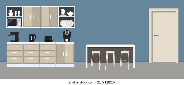 Office kitchen. Break room. Dining room in the office. There are kitchen cabinets, a table, chairs, a microwave, a black kettle, a toaster and a coffee machine in the picture. Vector illustration