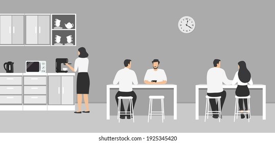 Office Kitchen. Dining Room In The Office. Employees Are Sitting At The Table. Coffee Break. There Are Kitchen Cabinets, A Microwave, A Kettle And A Coffee Machine In The Image. Vector Illustration.