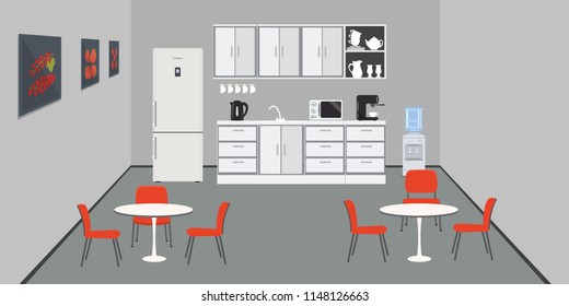Office kitchen. Dining room in office. There are kitchen cabinets, a fridge, a table, red chairs, a microwave, a kettle and coffee machine in the image. There are pictures with fruits on the wall. 