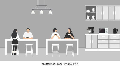 Office Kitchen. Dining Room In The Office. Office Workers Are Sitting At The Table. Coffee Break. There Are Kitchen Cabinets, A Microwave, A Kettle And A Coffee Machine In The Image. Vector 