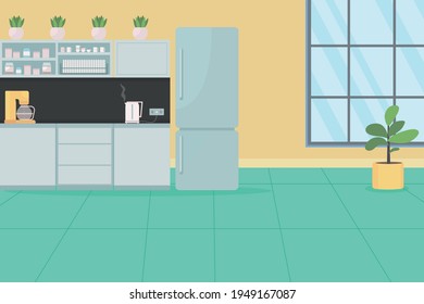 Office Kitchen Flat Color Vector Illustration. Modern Household. Room With Fridge, Appliance For Dining. Workplace Lunch Break Room 2D Cartoon Interior With Furniture On Background