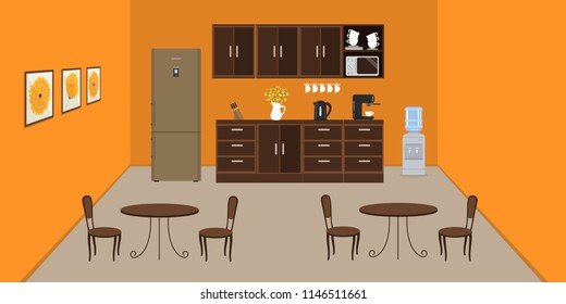 Office kitchen in orange color. Modern dining room in the office. There is a fridge, tables, chairs, a microwave, a kettle and a coffee machine in the image. There are pictures on the wall. Vector