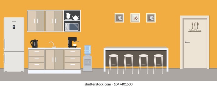 Office kitchen in yellow color. Dining room in the office. There is a fridge, a table, chairs, a microwave, a kettle and a coffee machine in the image. There are also pictures on the wall. Vector