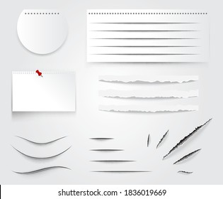 Office knife cut paper, notebook sheets set with red pin. Slash tear white paper sheet with realistic vector shadows