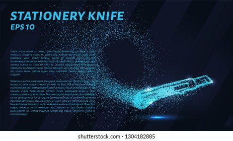 Office knife made of particles on a dark background. Office knife of circles and dots