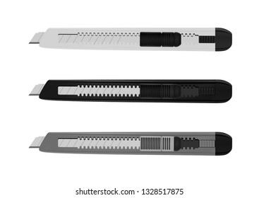 Office knife with replaceable blades in vector.A set of stationery knives in vector.