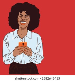 An office lady with Afro hair looking extremely excited as she reads her cell phone messages, exuding joy and enthusiasm in a professional setting.