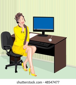 Office lady. The beautiful girl speaks on the phone behind a desktop. The size of the document can be changed without loss of quality.