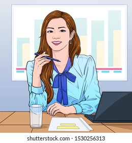 Office lady commenting at the meeting Illustration vector On pop art comics style. The stock market display board is on the back