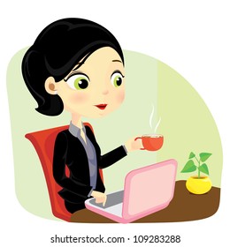Office lady drinking coffee and checking on her computer