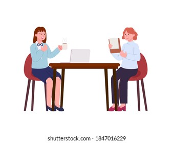 Office Lady Enjoy Discussing in Table Sitting Together Illustration