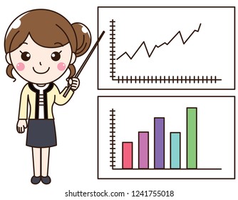 Office lady is explaining and guiding about graph of circulation, stock exchange.She tell about development marketing. This can use for advertising, poster and decorate your blog or website.