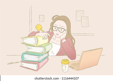 Office lady facing a pile of document and felt anxious, hand drawn outline style with pastel color