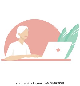 Office lady. Flat vector illustration of a beautiful woman sitting at the desk and typing on laptop. Banner background template. 