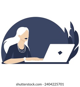 Señora de la oficina. Ilustración vectorial plana de una hermosa mujer sentada en el escritorio y escribiendo en el portátil. Plantilla de fondo del cartel. 