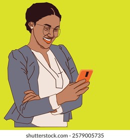 An office lady in professional attire, smiling warmly as she reads her emails on her cell phone, exuding confidence and positivity in a modern workplace setting.