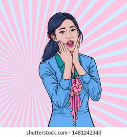 Office lady showing signs of surprise open mouth Illustration vector On pop art comic style Colorful background 