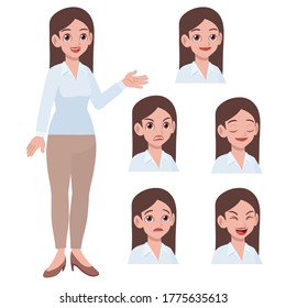 Office Lady Standing Pose With Difference Facial Expression Vector Illustration In Cartoon Style