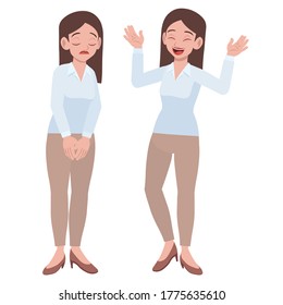 Office Lady Standing Poses With Difference Mood Happy And Sad, Vector Illustration In Cartoon Style