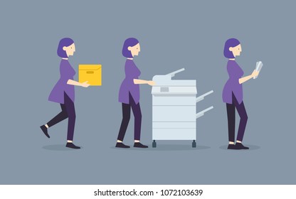 Office lady working with documents in office, flat graphic