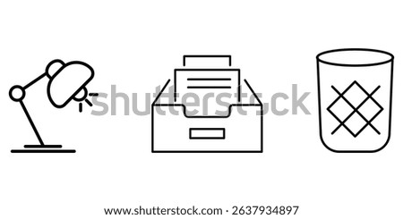 Office lamp document tray bin waste container workplace desk equipment symbol outline vector illustration minimal line icon set.