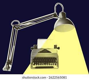 Office lamp and retro typewriter. Vintage bulb equipment. Halftone trendy cut out paper collage element isolated on yellow background, Polka dot pop art style texture Vector illustration.