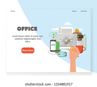 Office landing page template. Vector flat style design concept for office space website and mobile site development. Workplace for creative work.