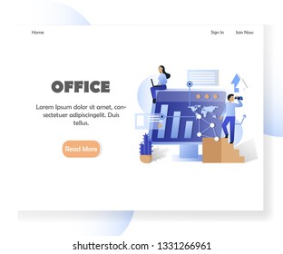 Office landing page template. Vector illustration of big computer with future technology ip dashboard, business people. Business vision strategy analysis concept for website, mobile site development.
