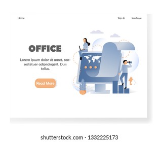 Office landing page template. Vector illustration of woman working on laptop, man looking through binoculars, big computer, bar graph. Business concept for website and mobile site development.