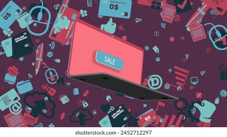 An office laptop is flying in the air and a pattern of business web icons. Vector banner