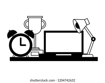 office laptop lamp clock and trophy
