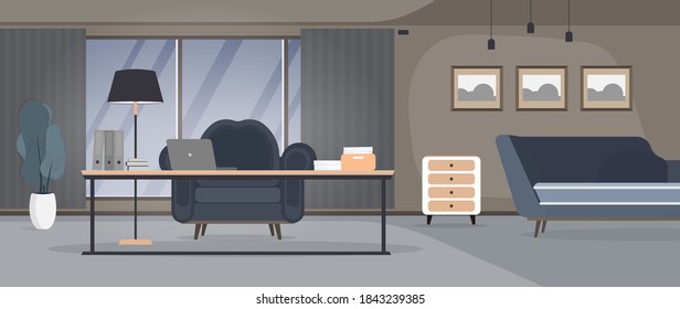 Office with a large panoramic window. A room with a workplace. Office. Table, armchair, laptop, documents, large window. Loft style. Vector.