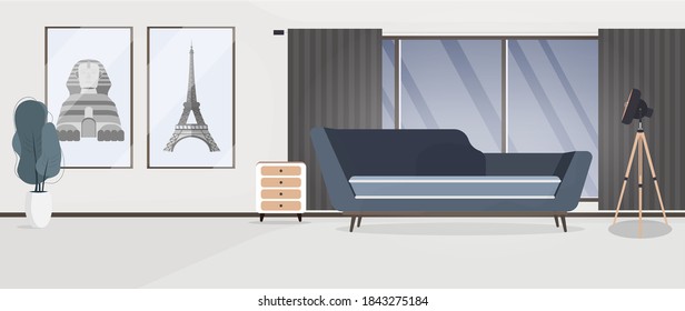 Office with a large panoramic window. A room with a sofa. Office. Sofa, paintings, houseplant, large window. Loft style. Vector.