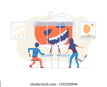 In the office a large pumpkin looks out the window. The workers were frightened. Happy Halloween. Vector illustration.